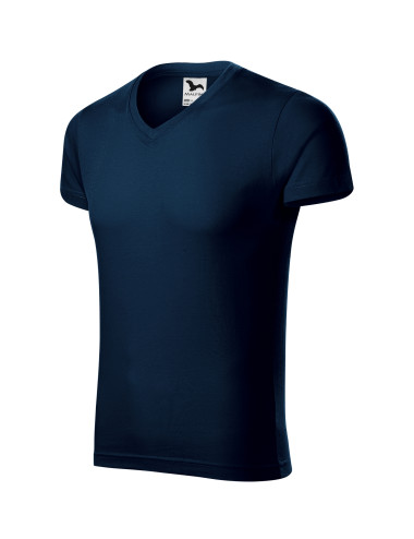 Adler MALFINI Koszulka męska Slim Fit V-neck 146 granatowy haft logo