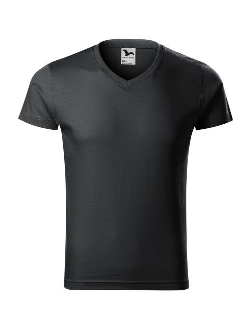 Adler MALFINI Herren T-Shirt Slim Fit V-Ausschnitt 146 Ebenholzgrau Logo-Stickerei