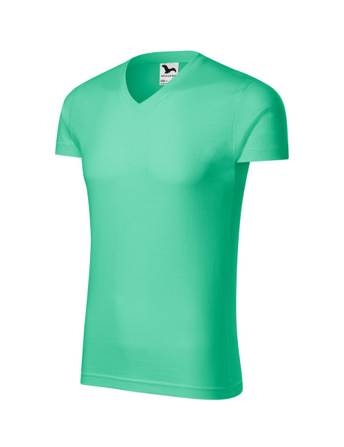 Adler MALFINI Men`s Slim Fit V-neck T-shirt 146 mint logo embroidery