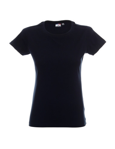 Promostars LADIES` HEAVY Damen-T-Shirt, marineblauer Aufdruck, Logo-Stickerei