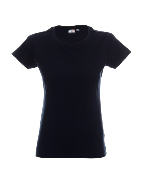 Promostars LADIES` HEAVY Damen-T-Shirt, marineblauer Aufdruck, Logo-Stickerei