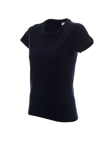 Promostars LADIES` HEAVY Damen-T-Shirt, marineblauer Aufdruck, Logo-Stickerei