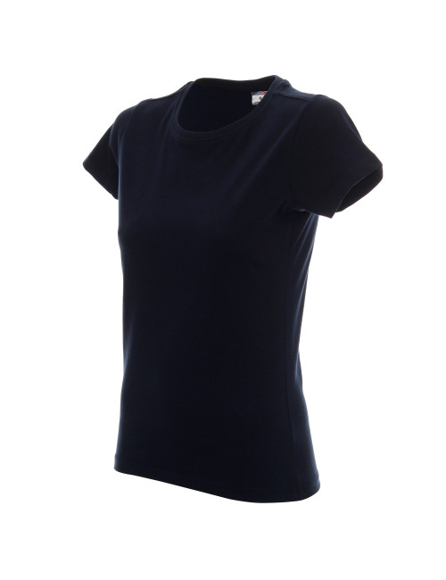 Promostars LADIES` HEAVY Damen-T-Shirt, marineblauer Aufdruck, Logo-Stickerei
