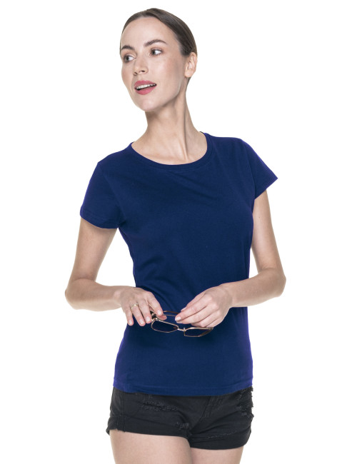 Promostars LADIES` HEAVY Damen-T-Shirt, marineblauer Aufdruck, Logo-Stickerei