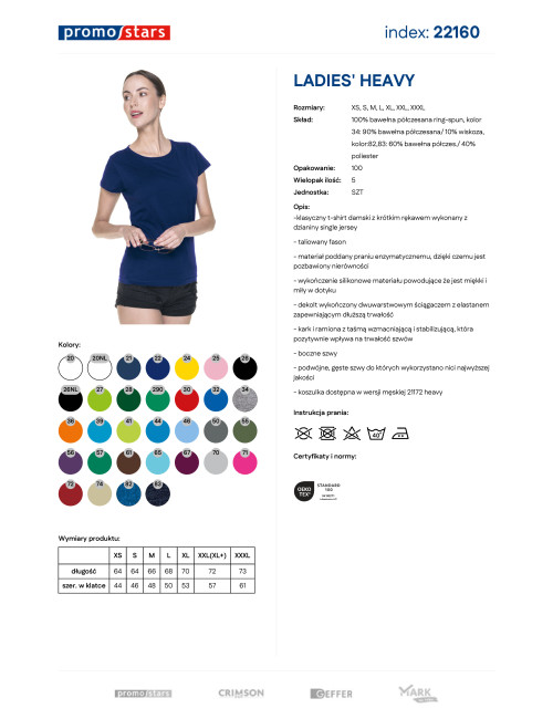Promostars LADIES` HEAVY Damen-T-Shirt, marineblauer Aufdruck, Logo-Stickerei