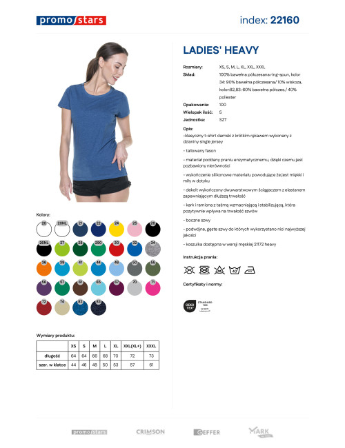 Promostars LADIES` HEAVY Damen T-SHIRT, BLAU MELANGE, Stickdruck