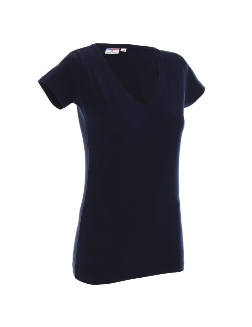 Promostars LADIES` V-AUSSCHNITT Damen-T-Shirt in Marineblau mit aufgesticktem Logo und Siebdruck