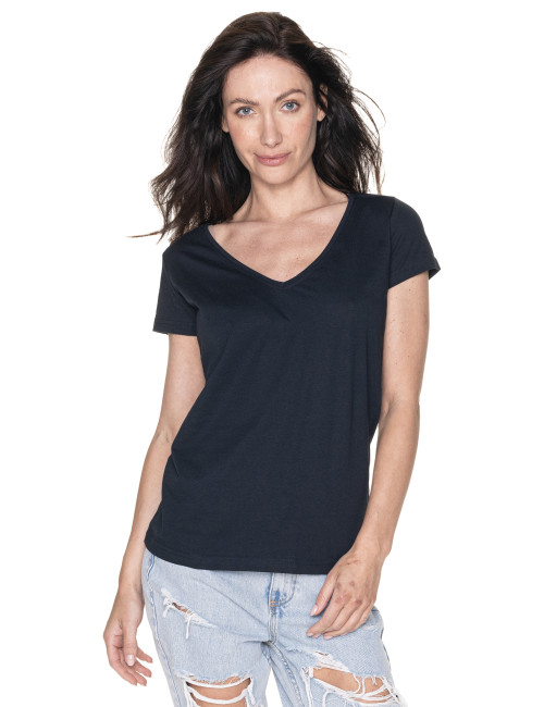 Promostars LADIES` V-AUSSCHNITT Damen-T-Shirt in Marineblau mit aufgesticktem Logo und Siebdruck