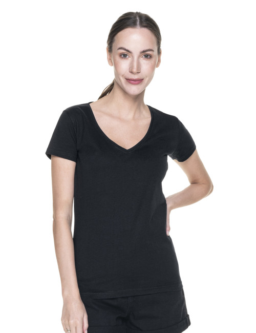 Promostars LADIES` V-AUSSCHNITT Damen-T-SHIRT SCHWARZ DTG-Druck-Logo-Stickerei