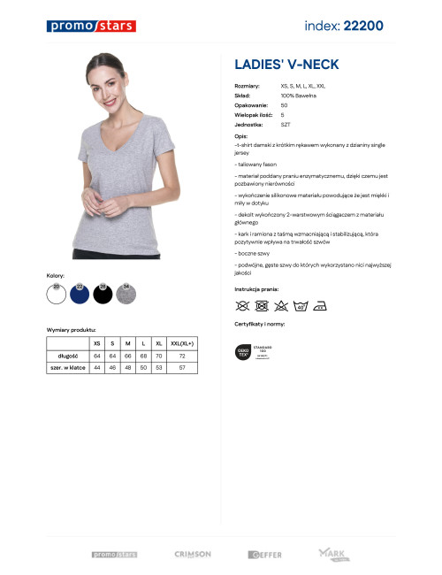 Promostars LADIES' V-NECK KOSZULKA Damska JASNY SZARY MELANŻ druk haft