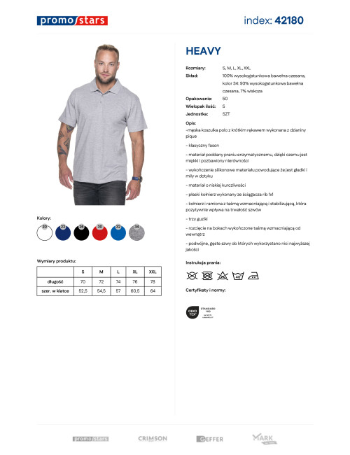 Promostars POLO Męska POLO HEAVY JASNY SZARY MELANŻ nadruk haft logo
