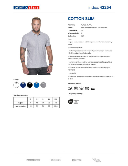 Promostars POLO Męska COTTON SLIM JASNY SZARY MELANŻ haft nadruk logo