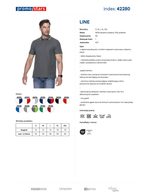 Promostars POLO Męska LINE SZARY/FLUO ZIELONY sitodruk logo nadruk DTG
