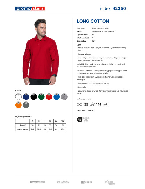 Promostars POLO Męska LONG COTTON CZERWONY haft nadruk sitodruk logo