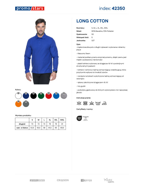 Promostars POLO Men`s LONG COTTON CORNFLOWER Embroidery Screen Print Logo