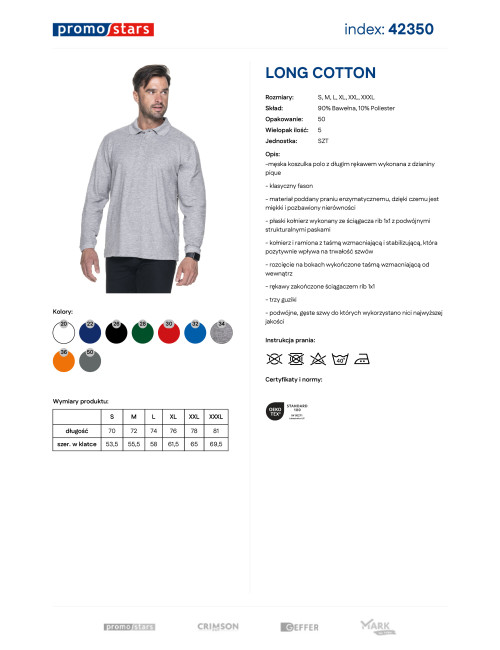 Promostars Men`s POLO LONG COTTON LIGHT GRAY MELANGE embroidered logo print