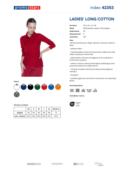 Promostars POLO LADIES` LONG COTTON RED für Damen mit Logoaufdruck und Stickerei