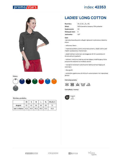 Promostars POLO Damen LADIES` LONG COTTON GREY Stickerei, Siebdruck