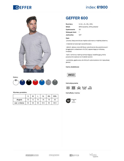 GEFFER HERREN-SWEATSHIRT 600 HELLGRAU MELANGE, Siebdruck, Logo-Stickerei