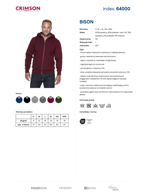 CRIMSON CUT SWEATSHIRT Men`s BISON RED WINE embroidery print silkscreen logo