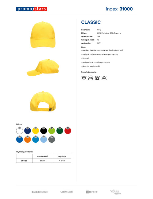 Promostars czapka z daszkiem CLASSIC ŻÓŁTY pod haft nadruk logo dtf