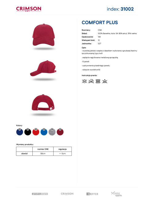 Crimson cut cap COMFORT PLUS CHESTNUT under embroidery, logo