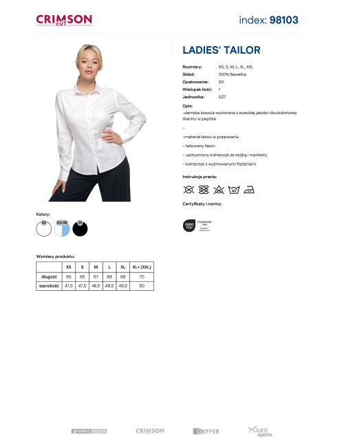 Koszula firmowa damska Promostars Ladies’ Tailor biała 100% bawełna