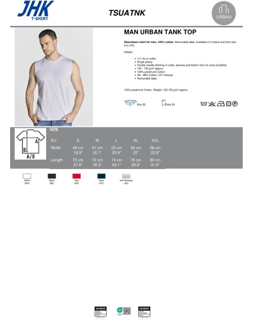 "Men's JHK TSUA TNK Urban Tank Top, Gray Melange, 100% Cotton - Perfe