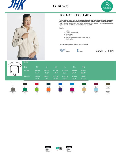 Ciepła bluza polarowa damska 300 g/m2, biała JHK Polar FLRL 300 logo