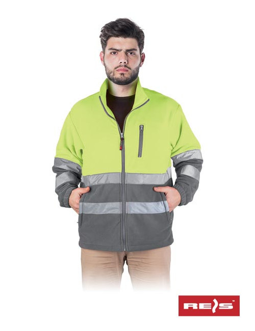 Yellow-gray men`s fleece sweatshirt with reflective print, embroidery possible