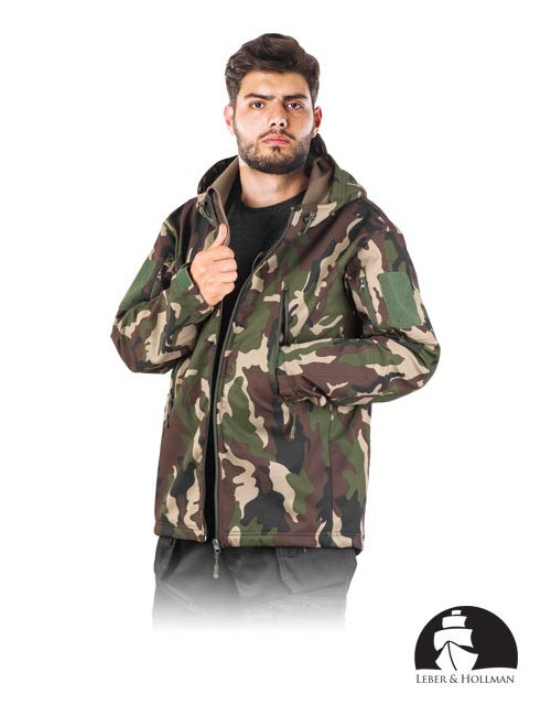 Camo jacket, lined with fleece, hood with a visor, sliding under the armpits