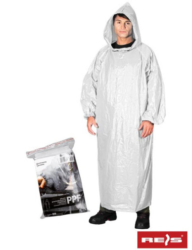 Raincoat with a hood, polyethylene, sleeve cuffs, white