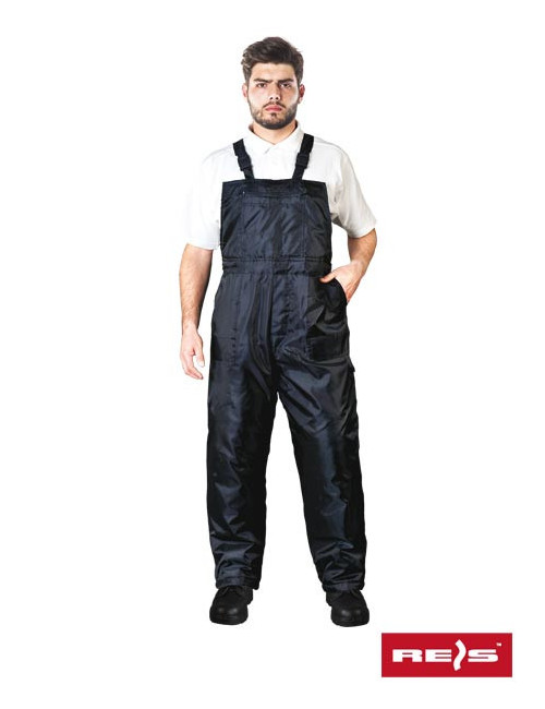 Insulated dungarees, 100% polyester PVC coating, braces, embroidery
