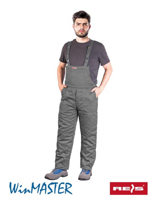 Graue isolierte Latzhose von Master, eigenes Logo, Grafiken, Stickereien