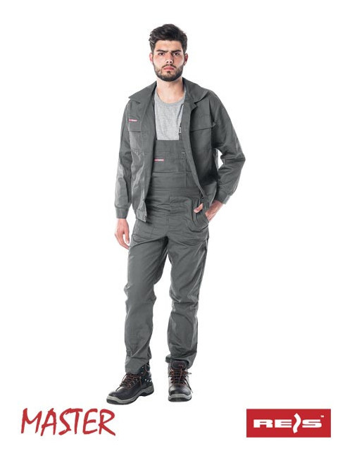 Schutzkleidung, geknöpftes Sweatshirt und Latzhose, mit Logo versehen