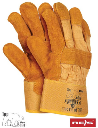 Protective work gloves, insulated, cowhide, yellow denim