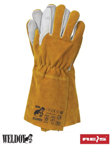 Welding gloves made of cowhide, flame retardant thread, yellow and white