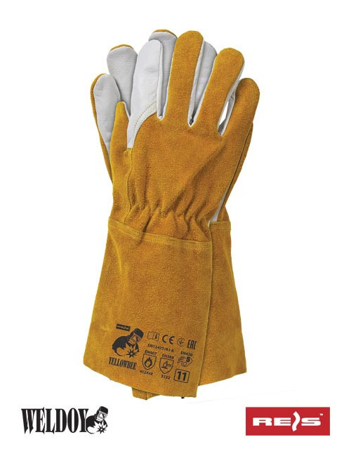 Welding gloves made of cowhide, flame retardant thread, yellow and white