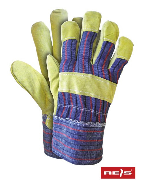 Work gloves reinforced with cowhide, denim, lined, yellow