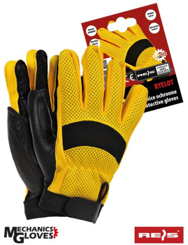 Protective gloves in leather and fabric, velcro on the wrist, yellow and black
