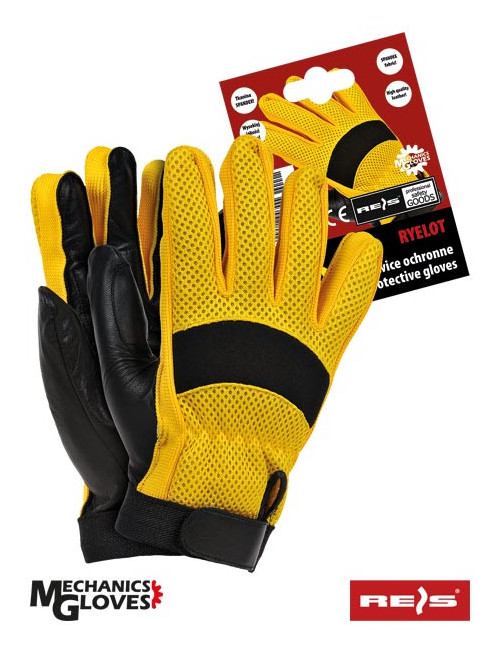 Schutzhandschuhe aus Leder und Stoff, Klettverschluss am Handgelenk, gelb und schwarz