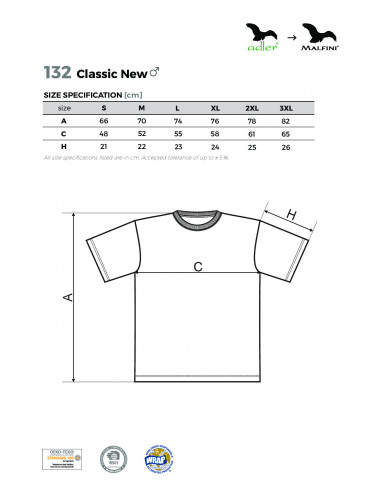 Classic new 132 men`s t-shirt white Adler Malfini