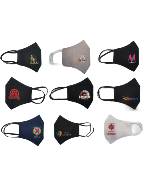 Cotton mask with a graphite logo, full color printing, silkscreen embroidery