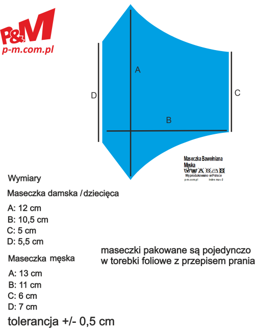 Maska Maseczka bawełniana profilowana z logo, Polska bawełna niebieska