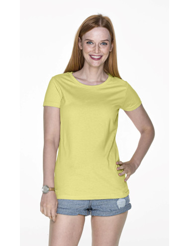 Promostars LADIES` HEAVY Damen-T-SHIRT, HELLGELB, Firmenlogo-Stickerei