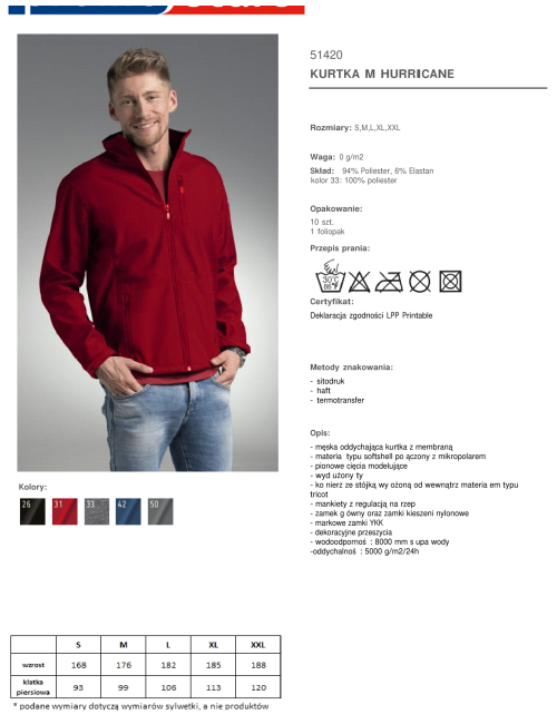 Promostars HERREN HURRICANE JACKE DUNKELROT Stickerei Siebdruck