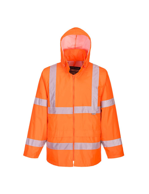 Orangefarbene, gut sichtbare Regenjacke von Portwest