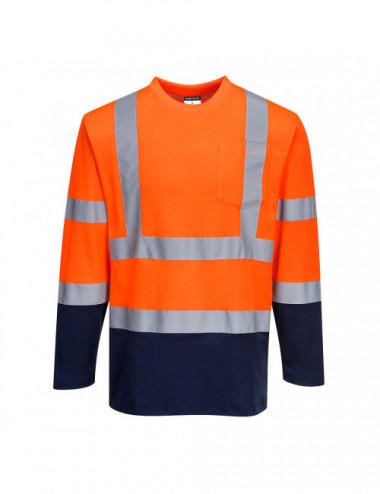 Zweifarbiges Komfort-T-Shirt aus Baumwolle mit langen Ärmeln, Orange/Marineblau, Portwest