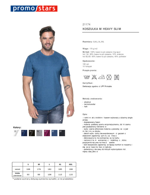 Promostars HEAVY SLIM Men`s T-SHIRT BLUE MELANGE printed logo embroidery