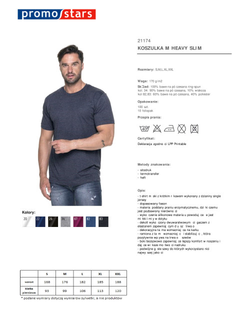 Promostars HEAVY SLIM Men`s T-SHIRT STEEL-BLUE MELANGE embroidery